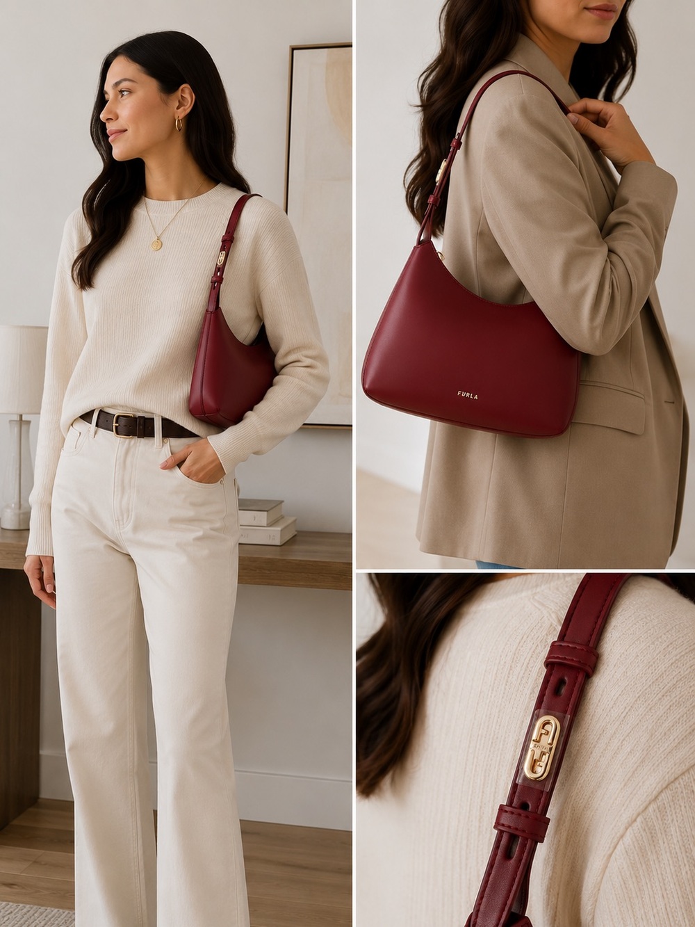 Furla Ciliegia Cherry Red Leather Hobo Shoulder Bag NWT Italy $338